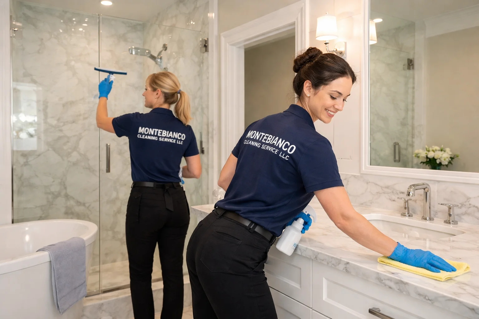two professional cleaners cleaning a luxury kitchen during move out cleaning in La Mirada CA